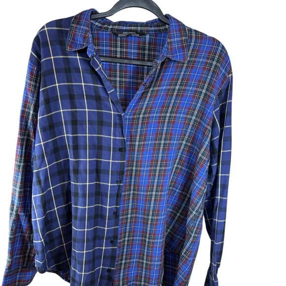 Zara Woman Premium Patchwork Plaid Button Down Shirt Blue Multi Cotton Sz L - Picture 2 of 11